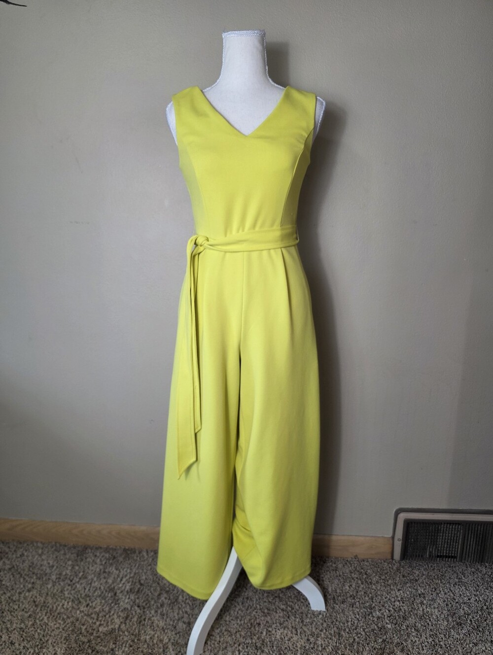 Calvin Klein Chartreuse Yellow Wide Leg Jumpsuit | Belted Sleeveless V-Neck